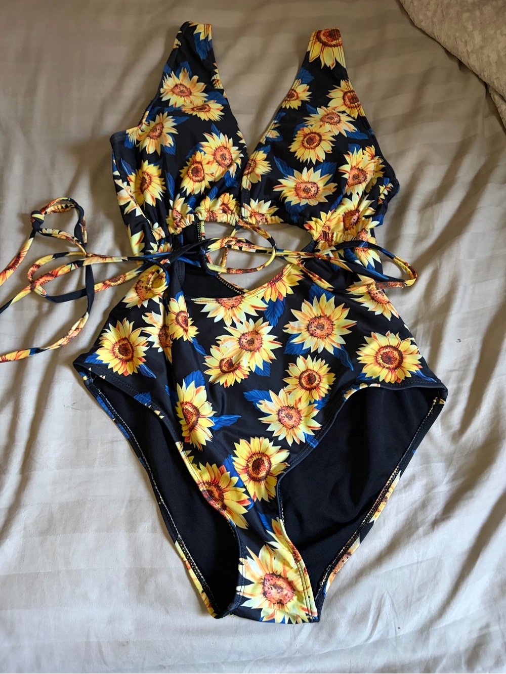 SHEIN Black One-Piece Swimsuit with Yellow Sunflower Print